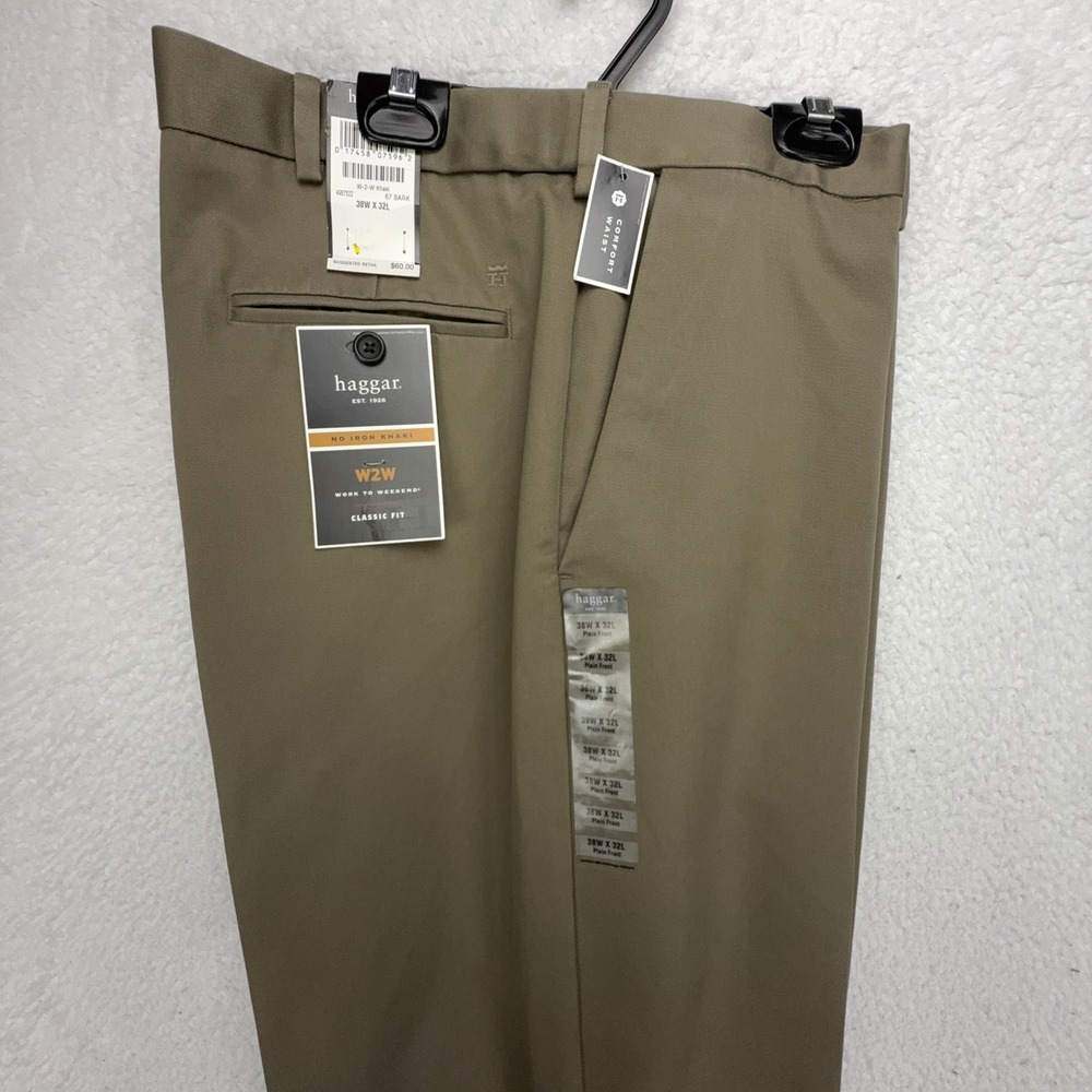 Haggar Mens W2W Work To Weekend No Iron Khaki Classic Fit Pants 38x32 Bark Brown